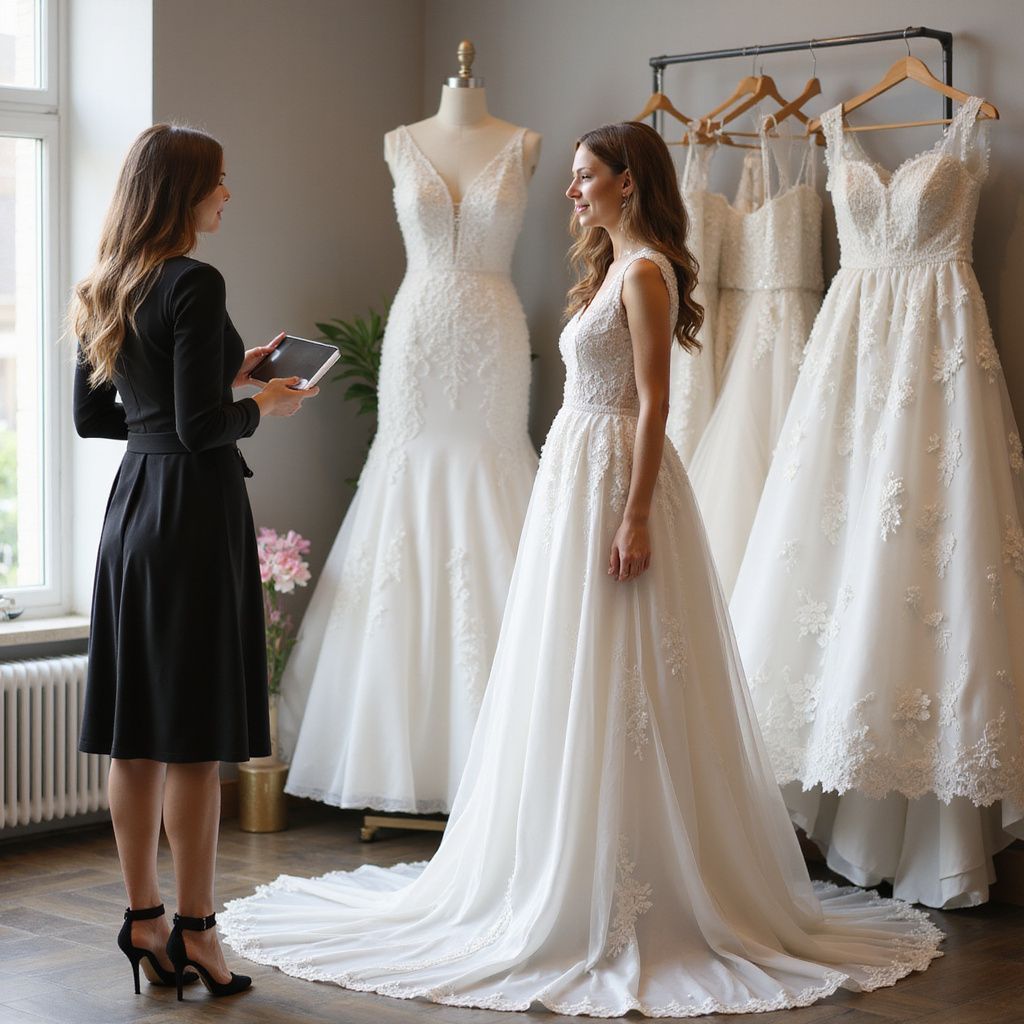 Woman trying on wedding dress in bridal shop with consultant.