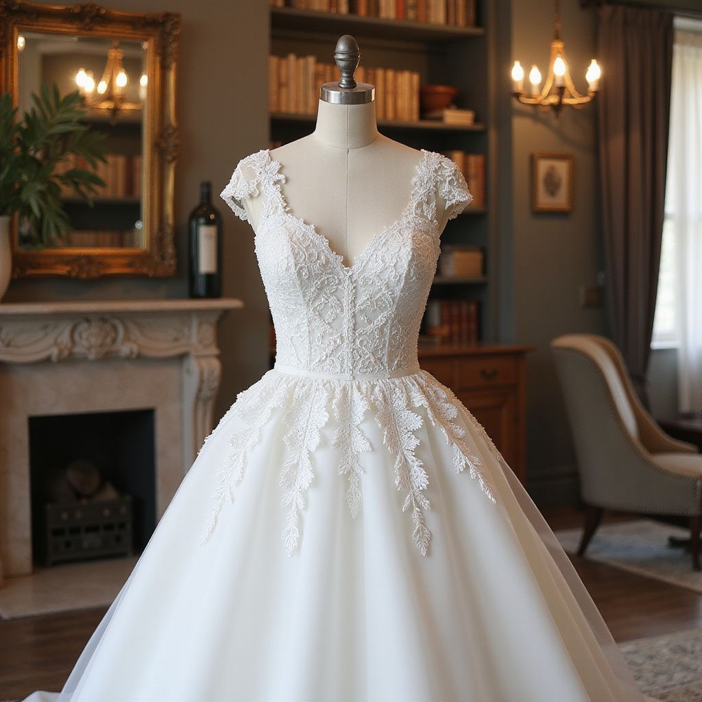 Wedding dress on a mannequin in a room with a fireplace and bookshelves.