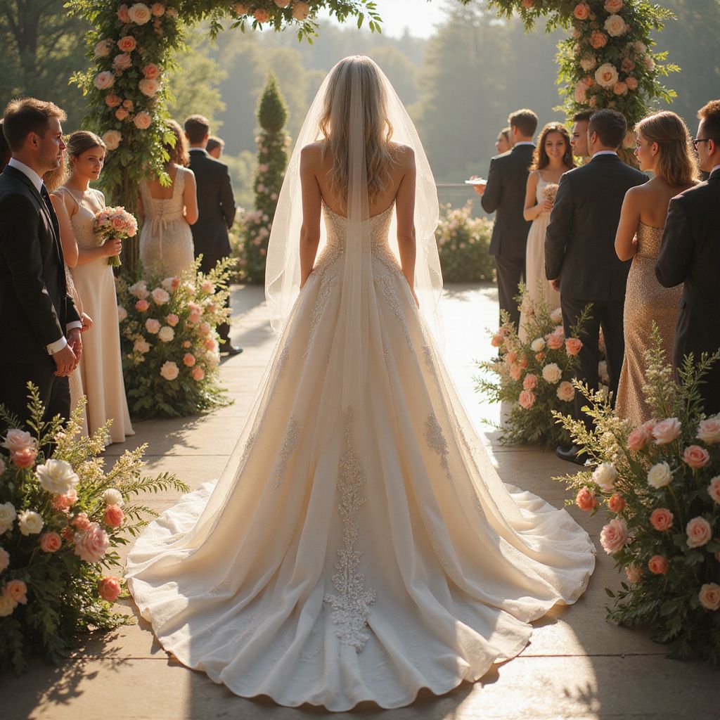Bride in elegant gown walks down aisle at outdoor wedding, surrounded by guests.