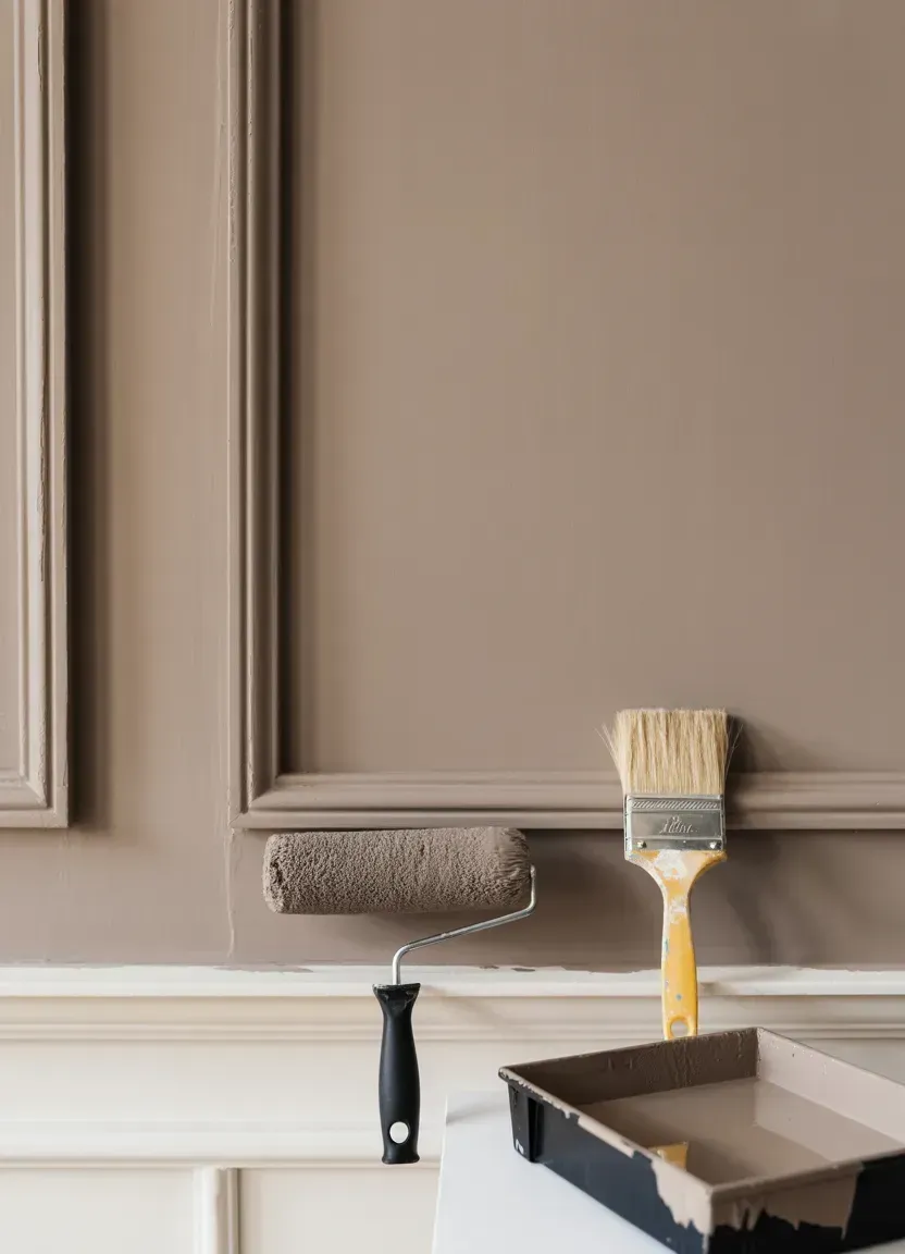 A paint roller, a brush, and a tray of light brown paint sit in front of a wall featuring light brown wainscoting.