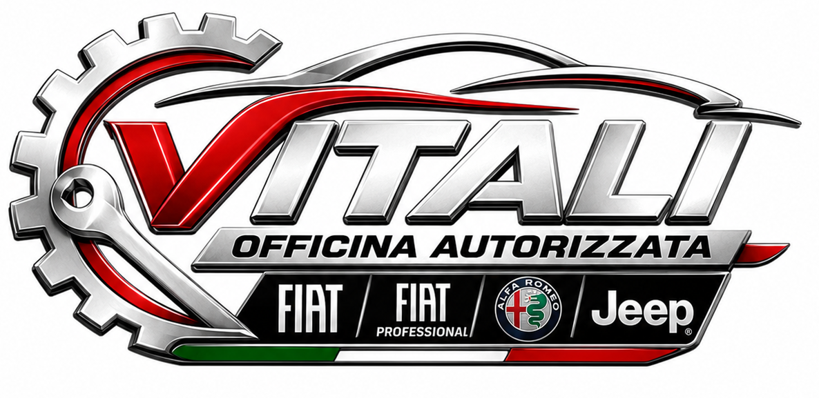 Logo vintage VITAL officina autorizzata con marchi Fiat e Jeep in rosso, argento e nero