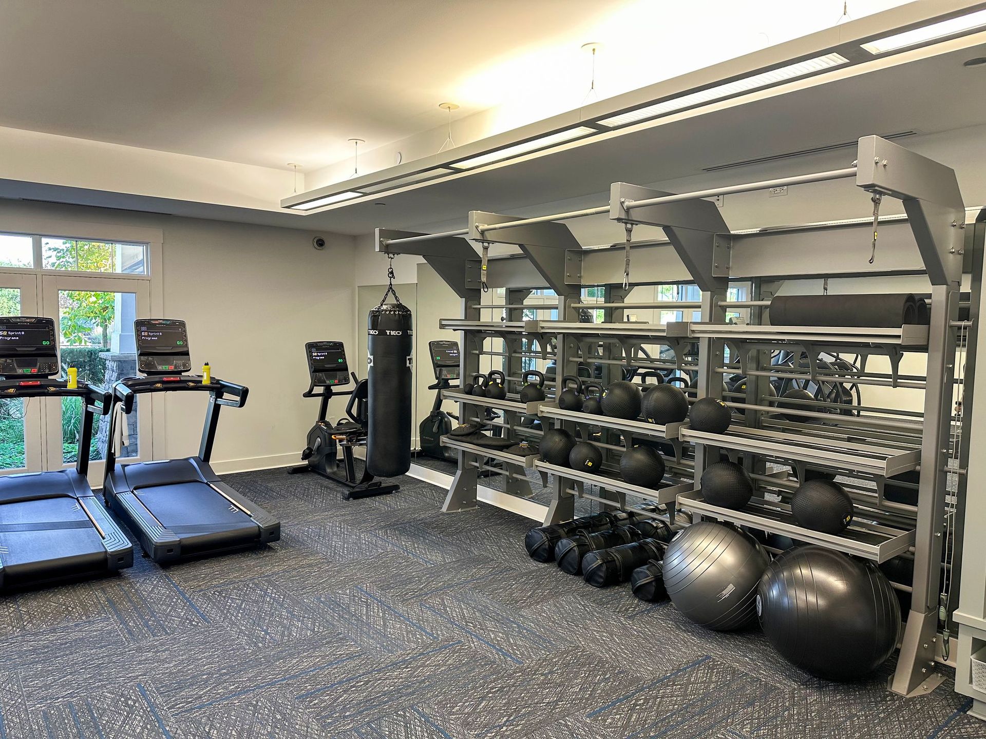 A gym filled with treadmills , dumbbells , and balls.