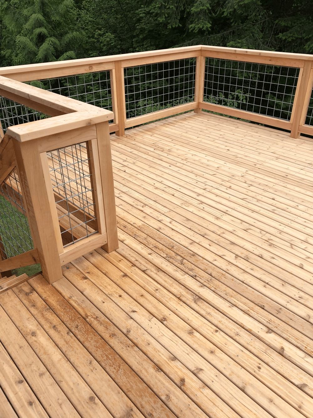 Wooden deck with wire railings in a natural setting.