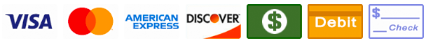 Payment options icons, including Visa, Mastercard, American Express, Discover, dollar sign, debit, and check.
