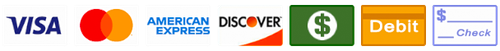Payment options icons, including Visa, Mastercard, American Express, Discover, dollar sign, debit, and check.