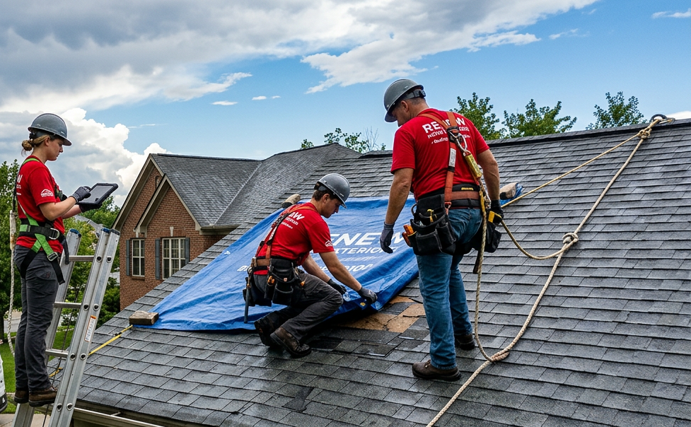 Roofers placing tarp