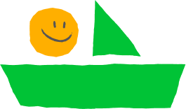 Green boat with a smiling orange sun for a passenger and a green sail.