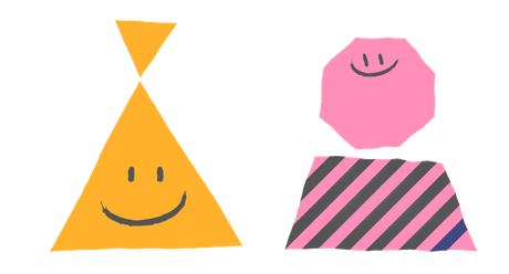 Yellow triangle and pink octagon shapes with smiley faces; two abstract cartoon figures.