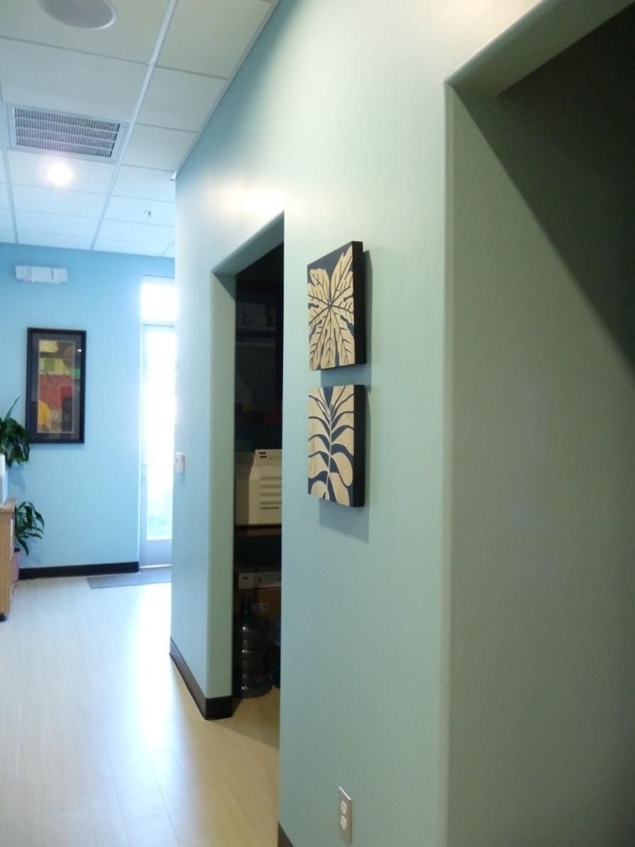 Blue hallway in a medical office with artwork and open doorways; light floor.