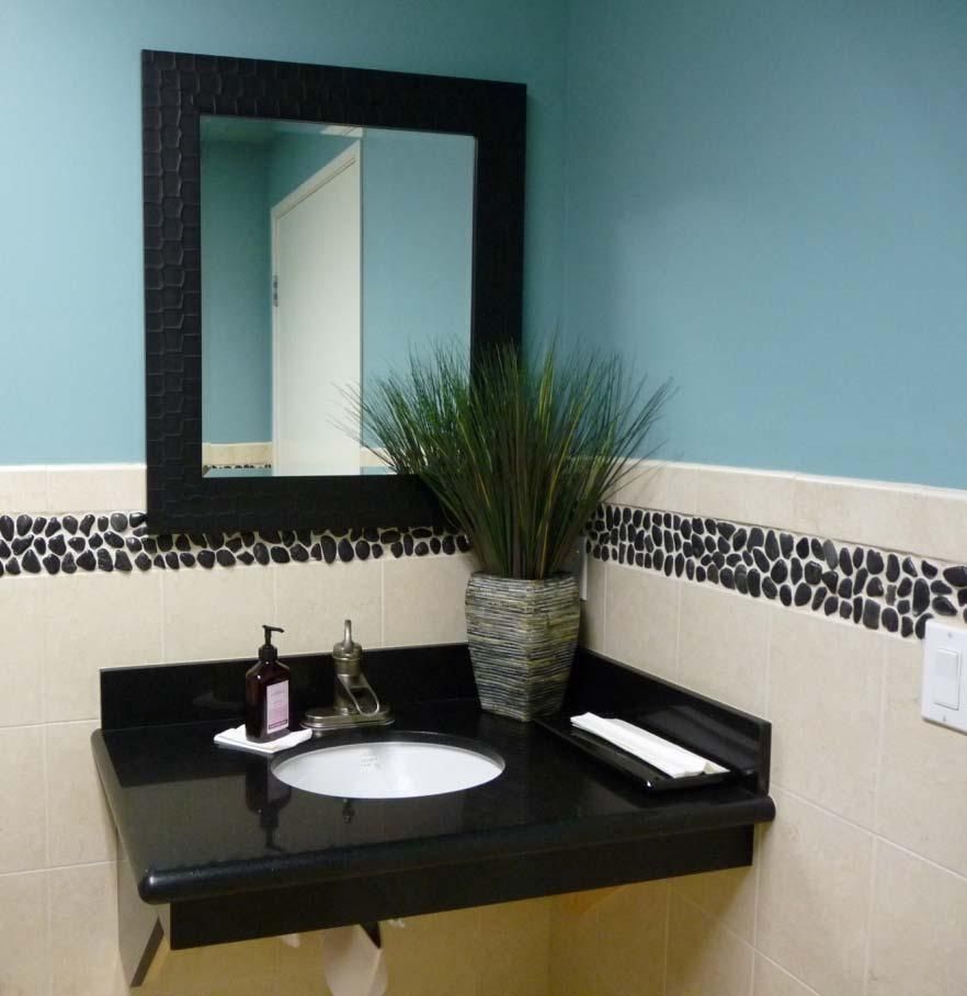 Bathroom with black countertop, sink, mirror, and plant on a blue wall.
