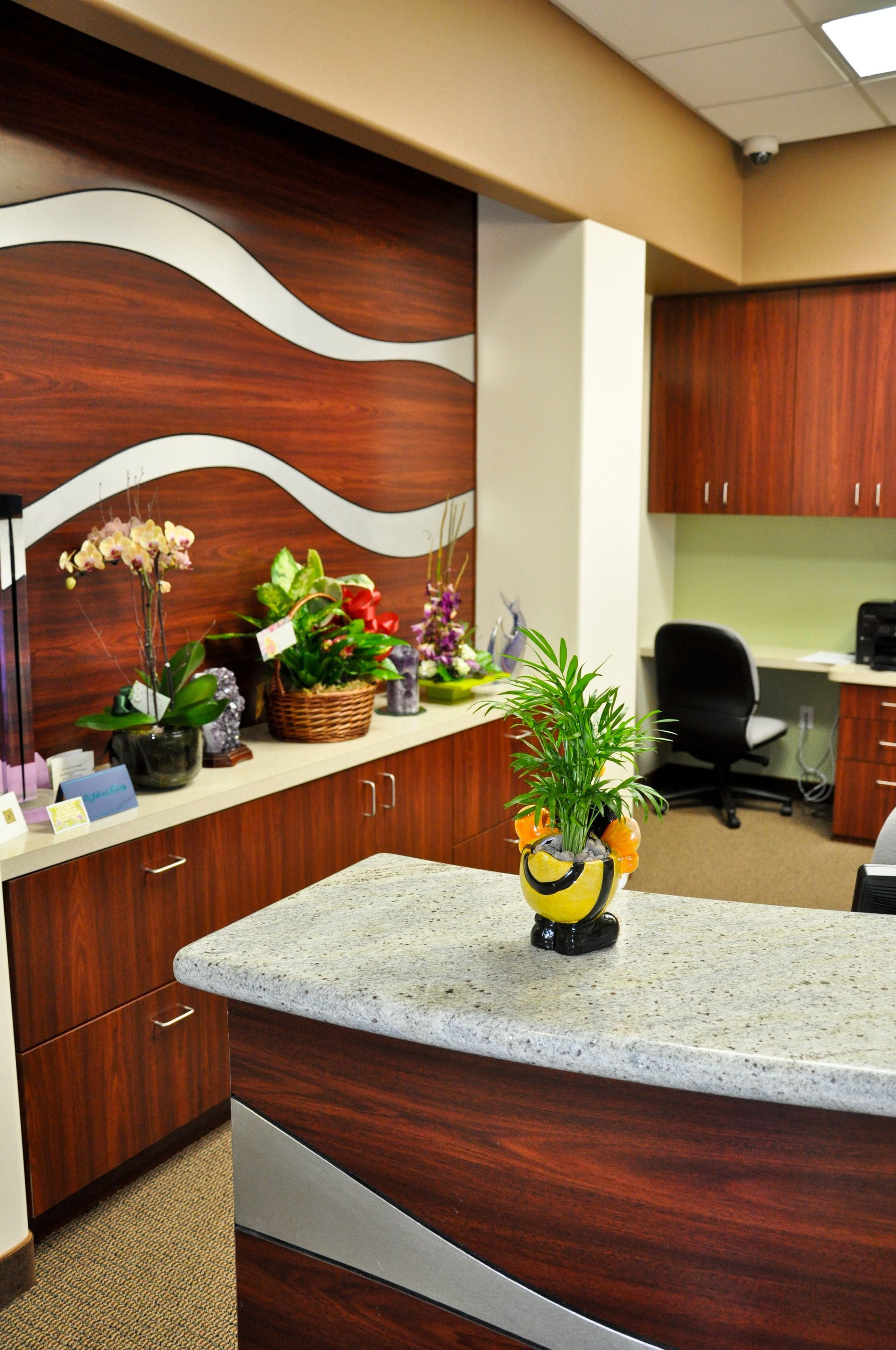 Reception area with a counter, wood paneling, plants, and a minion figurine.