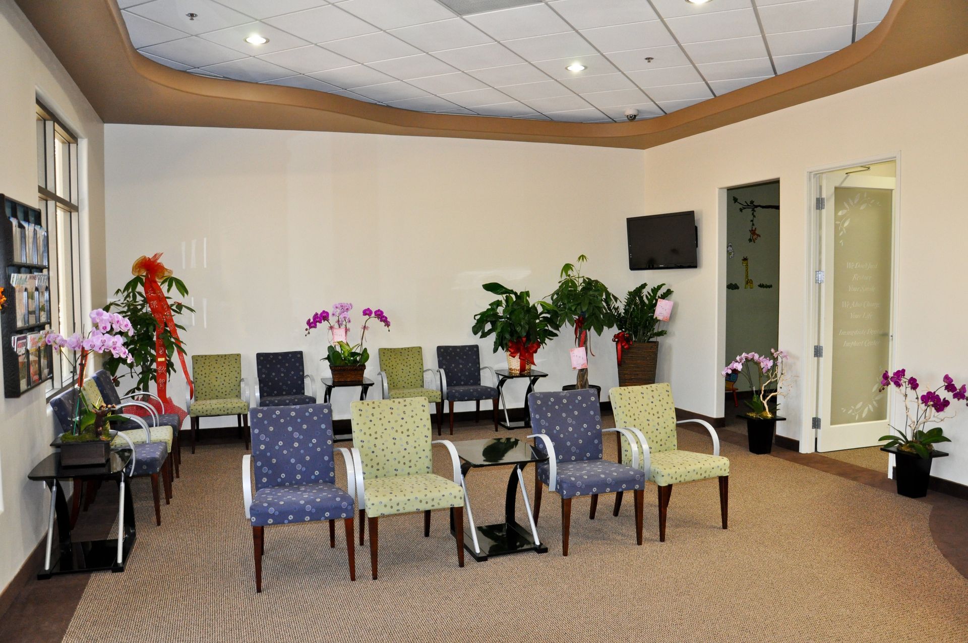Waiting room with chairs, plants, a TV, and a window.
