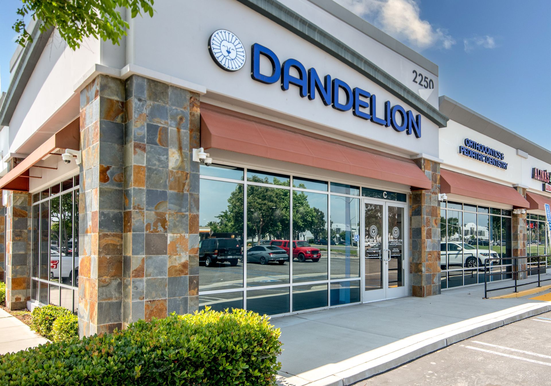 Dandelion store with blue signage, brown awnings, and stone accents. Bright sunny day.