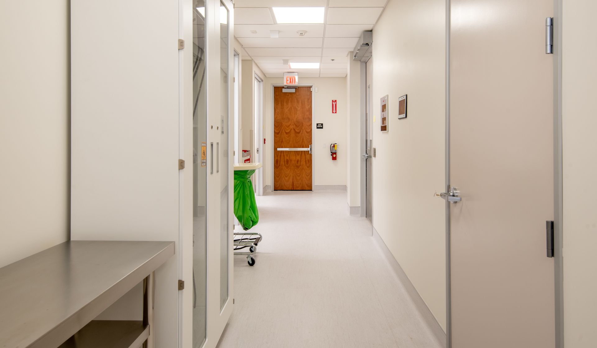 Hallway in medical facility with white walls, doors, and stainless steel counter.