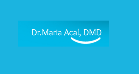 Dr. Maria Acal, DMD dental practice logo, light blue rectangle with white text and a smiling arc.