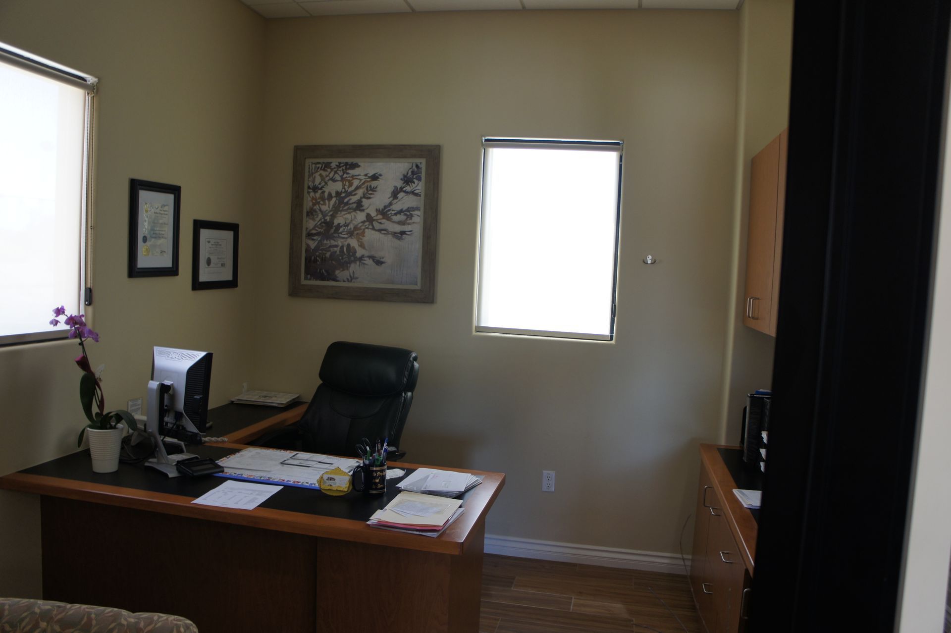 Office with desk, computer, chair, and window.  Neutral walls, framed art, and a small cabinet.