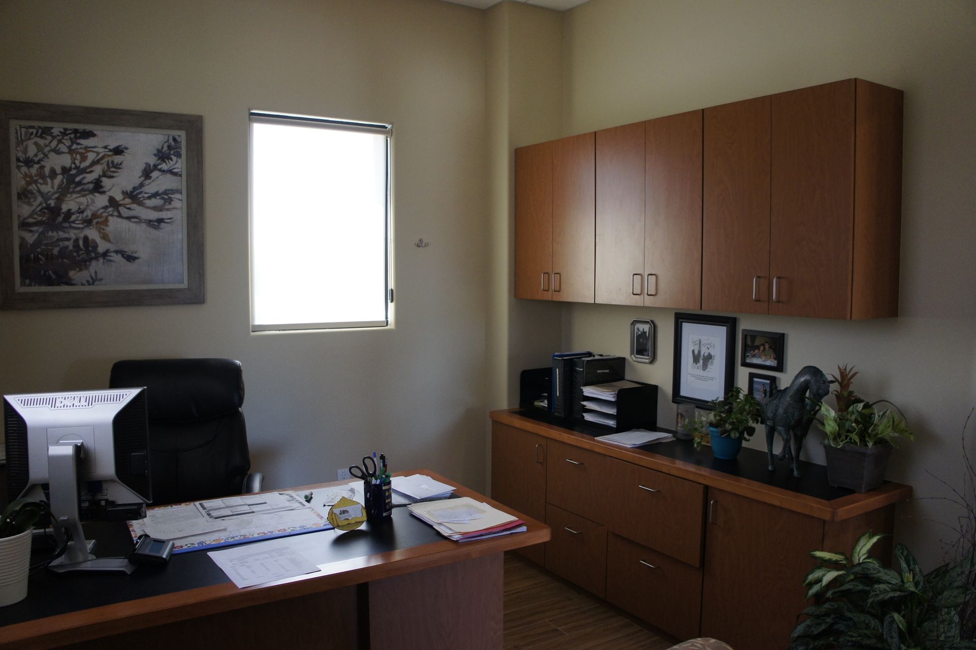 Office interior with desk, cabinets, window, artwork, and plants; neutral colors.