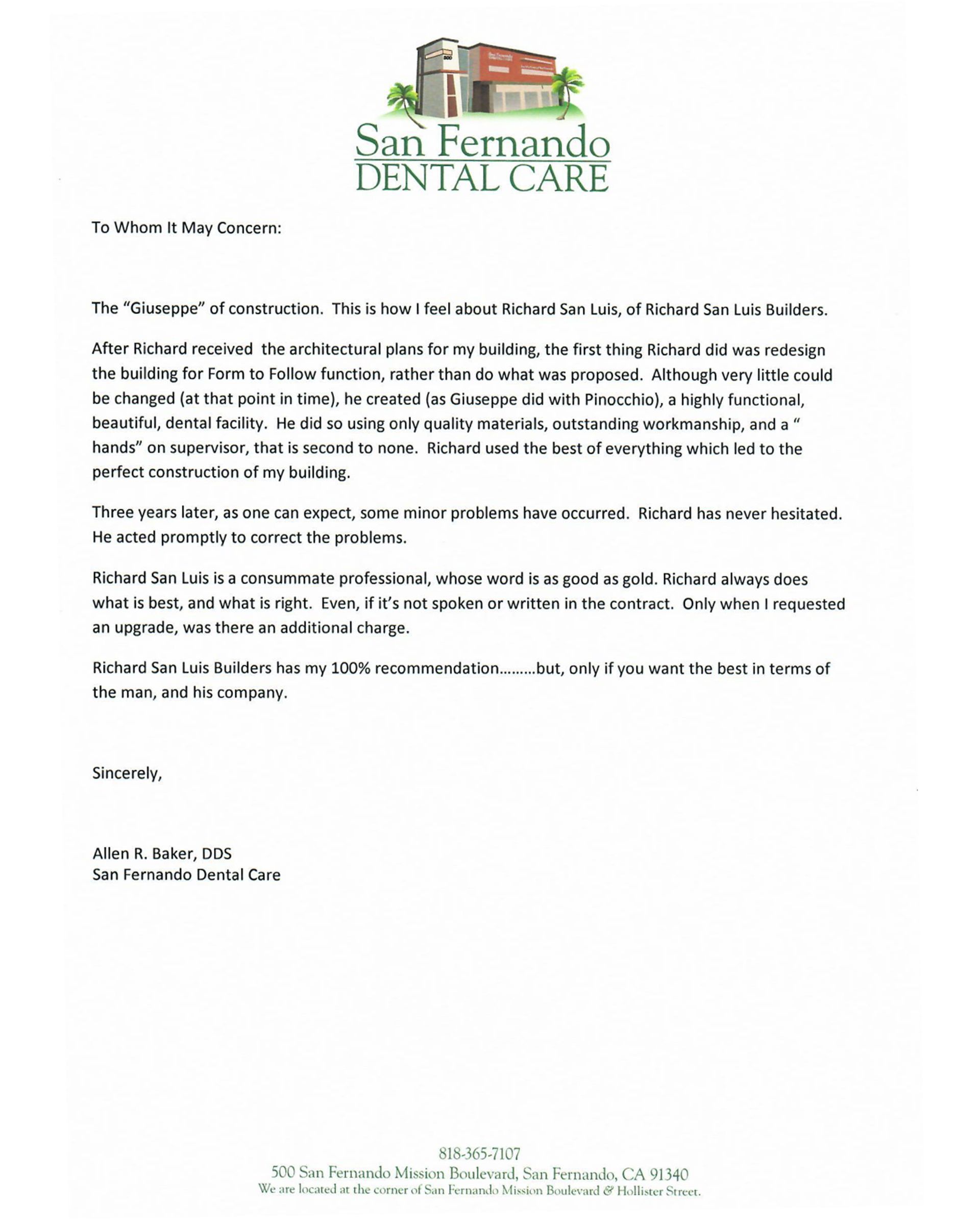 Letterhead from San Fernando Dental Care with a letter below, likely a notice to a patient.