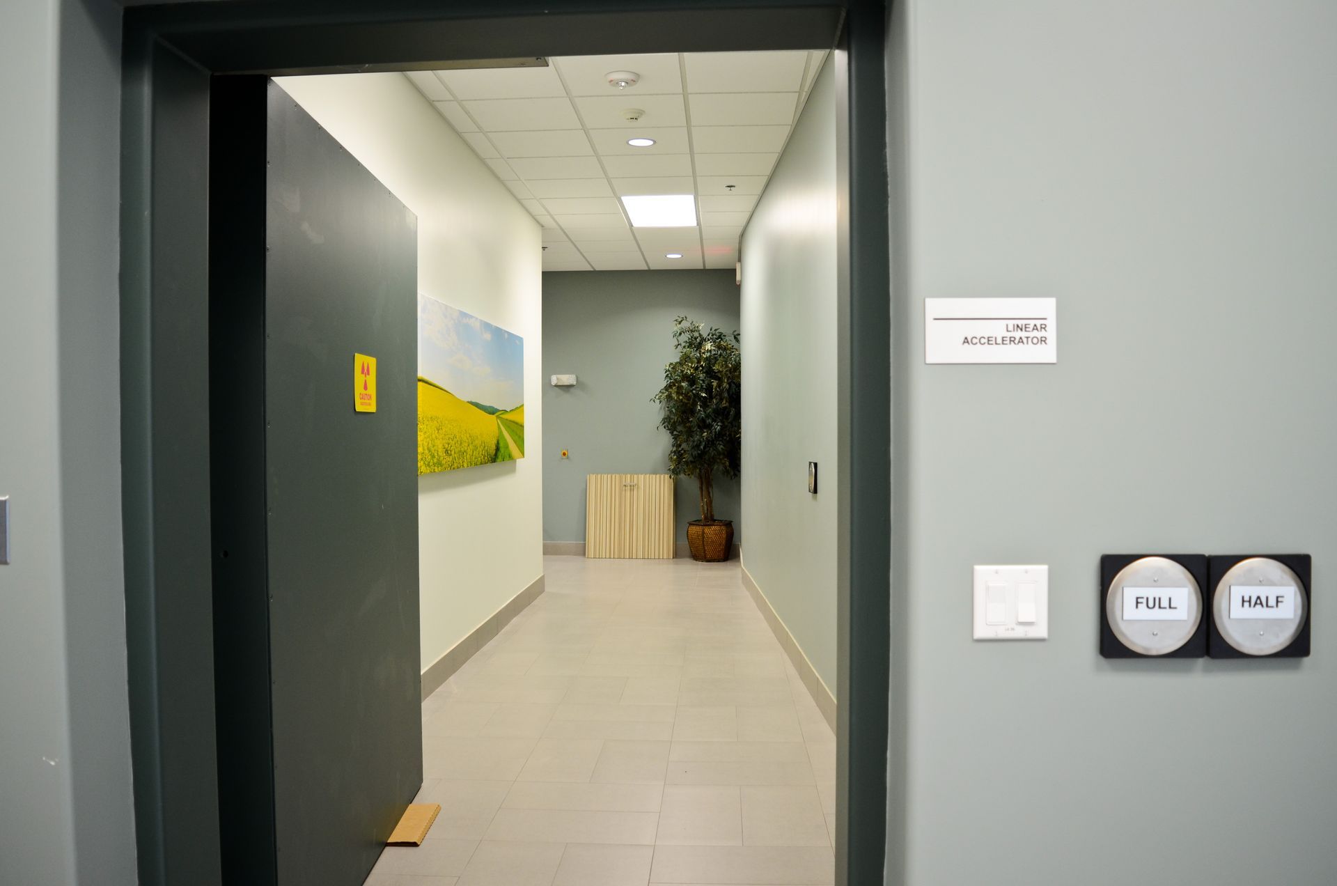 A hallway with a partially open door. Light grey walls, a yellow painting, a tall plant, and white tile flooring.
