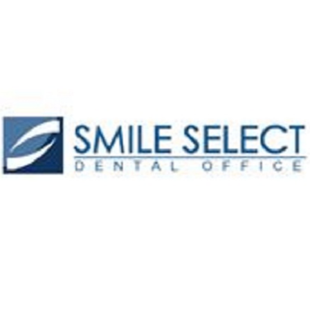 Logo for Smile Select Dental Office, featuring blue square with curved lines and text.