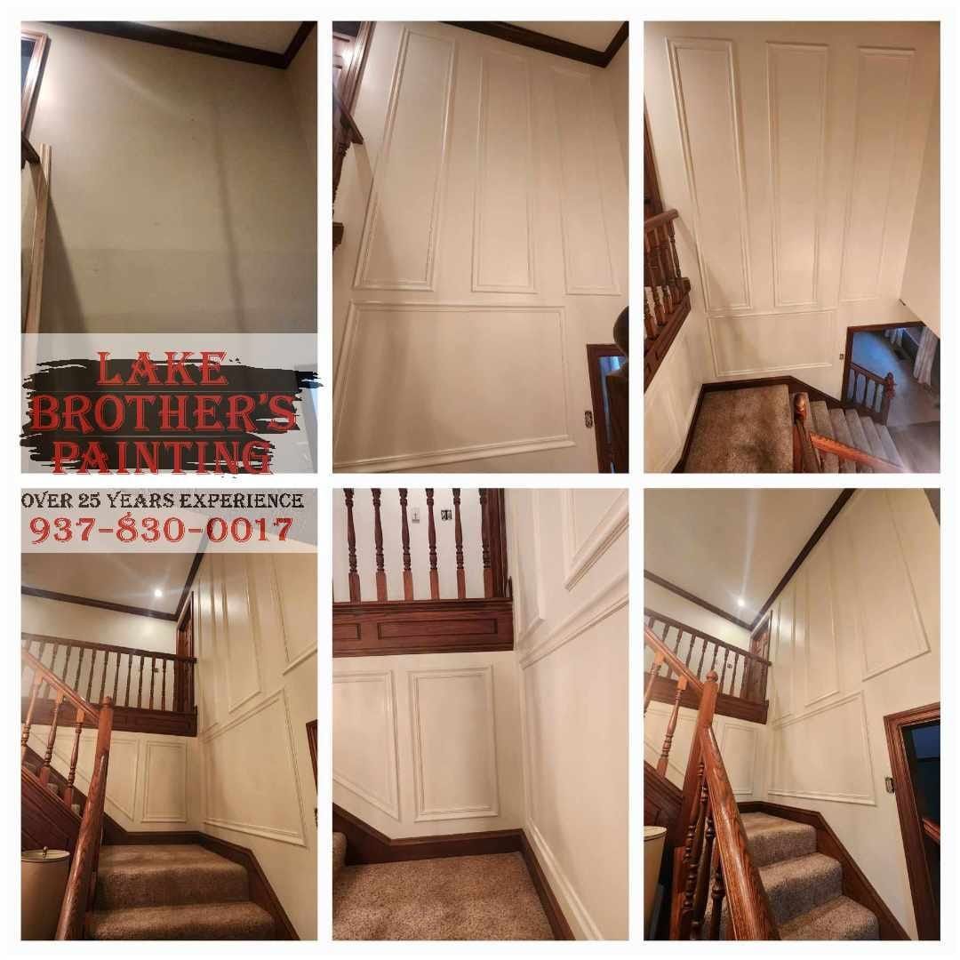 A collage of pictures of a staircase being painted by lake brother 's painting