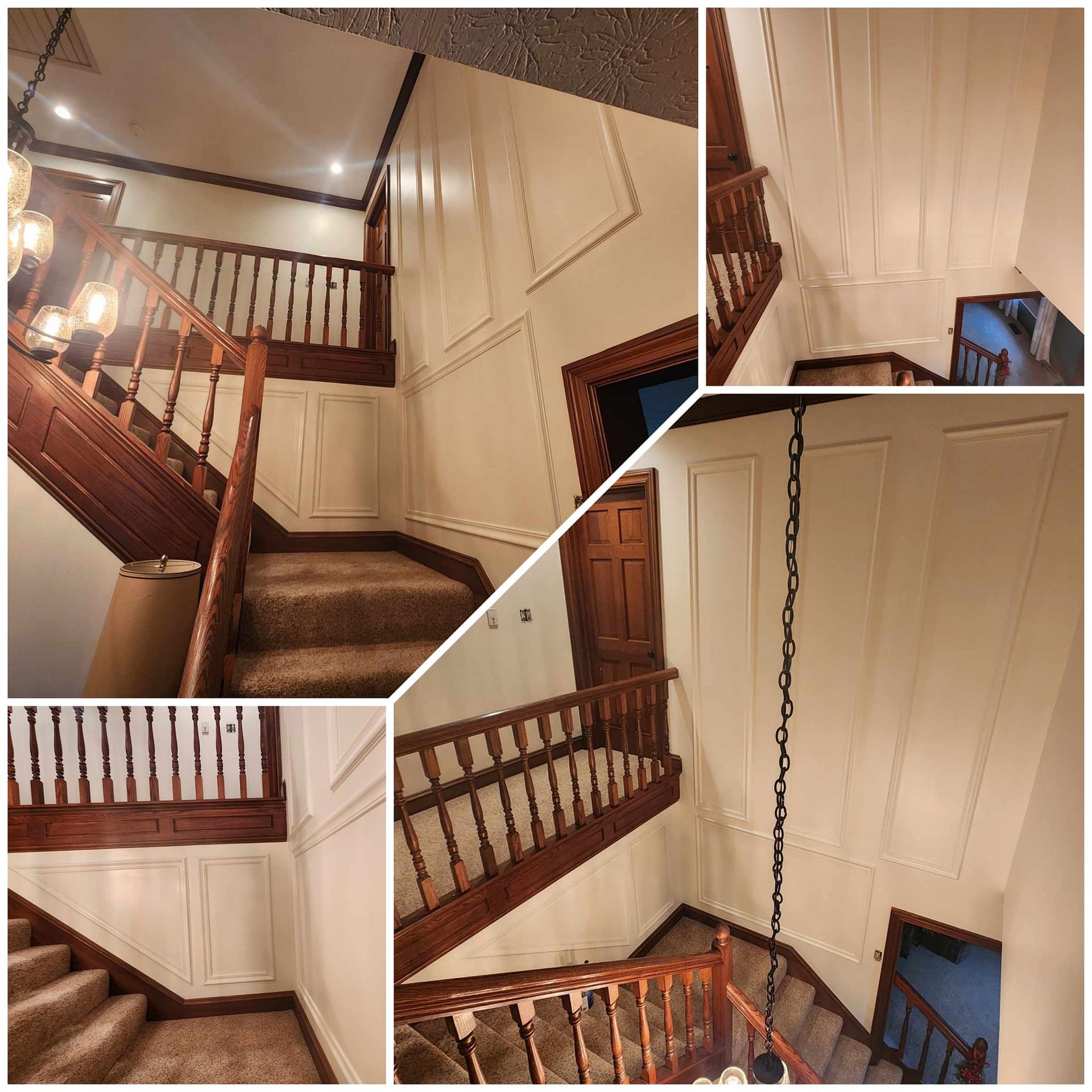 A collage of four pictures of a staircase in a house