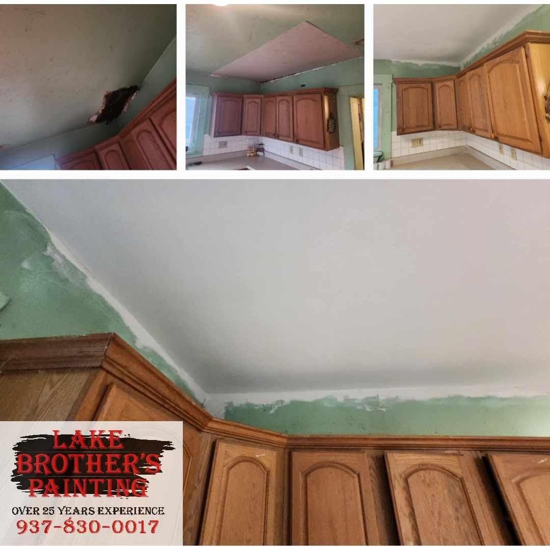 A collage of pictures of a kitchen being painted by brothers painting