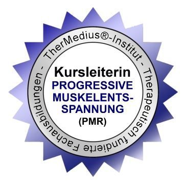 Ein blau-weißes Logo mit der Aufschrift „Progressive Muskelentspannung PMR“