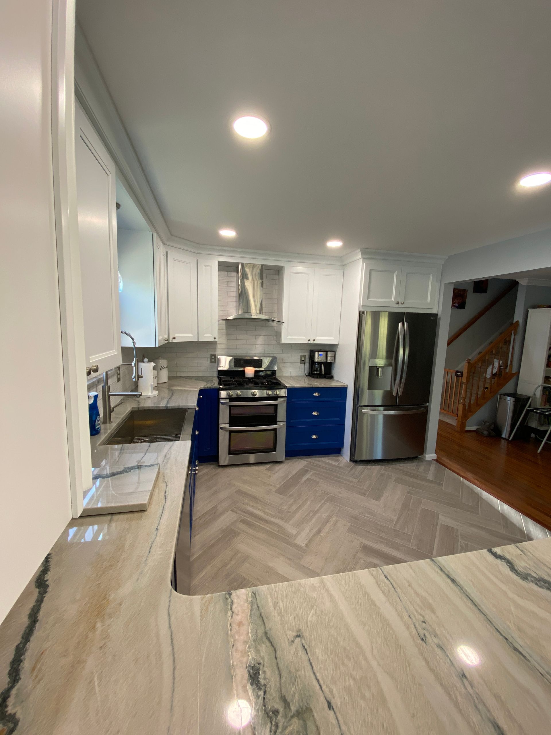 blue kitchen accent wood floors