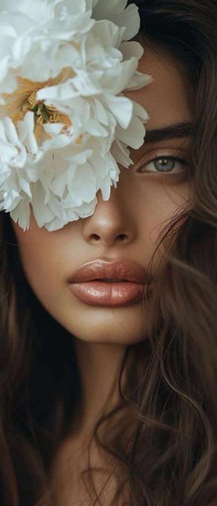 A woman is covering her face with a white flower.