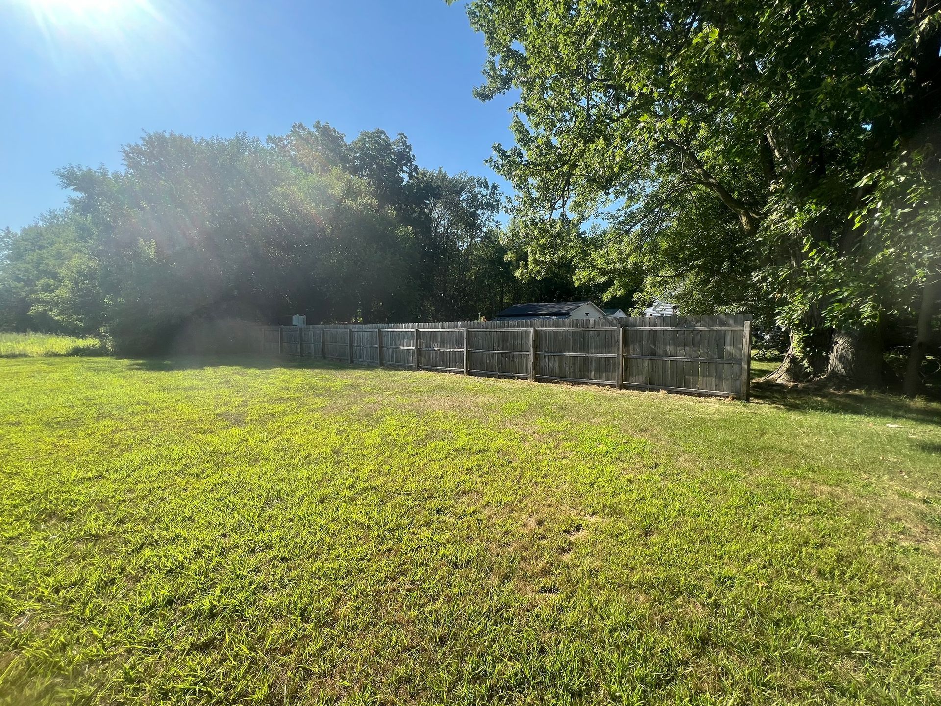 A large grassy field with a fence and trees in the background.