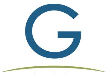 A bold blue capital letter G sits above a thin, curved olive-green horizontal line.