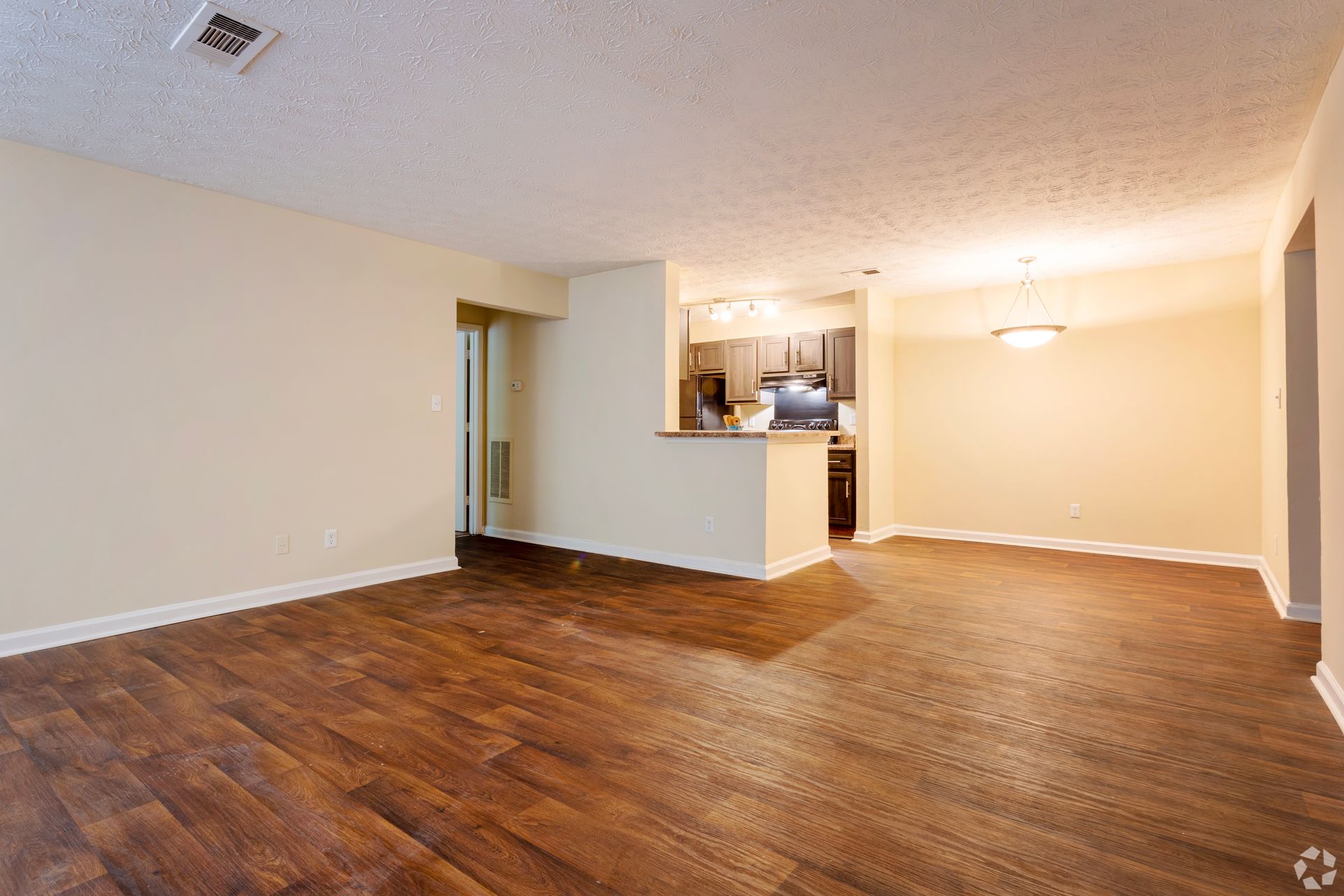 Open-plan living room with wood-look flooring, light-colored walls, and a glimpse of a kitchen with dark cabinetry.