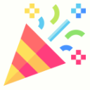 A party popper exploding with colorful confetti and geometric shapes on a white background.