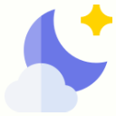 A blue crescent moon, a white cloud, and a yellow four-pointed star against a white background.