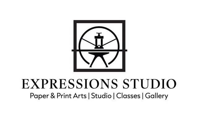 Logo for Expressions Studio featuring a stylized printing press icon, with the text "Expressions Studio" and subtext.