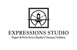 Logo for Expressions Studio featuring a stylized printing press icon, with the text "Expressions Studio" and subtext.