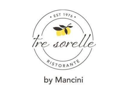 Logo for Tre Sorelle Ristorante by Mancini featuring a circle, text, and an illustration of three yellow lemons.