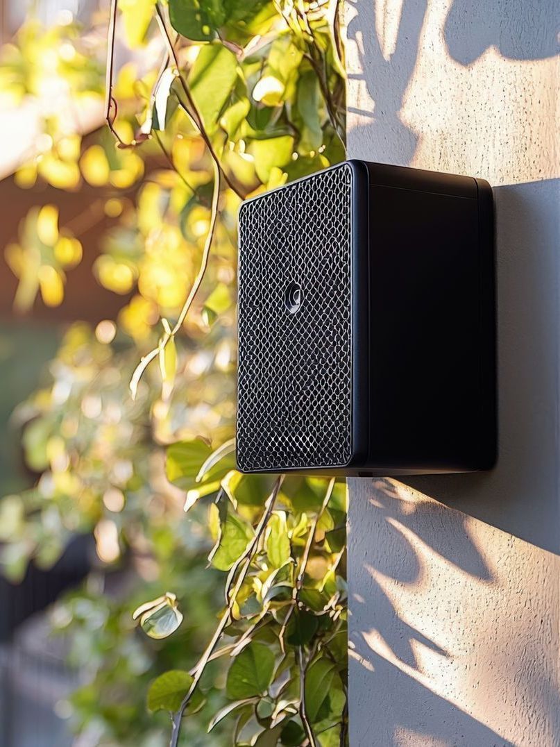 A black box is sitting on a wall next to a plant.