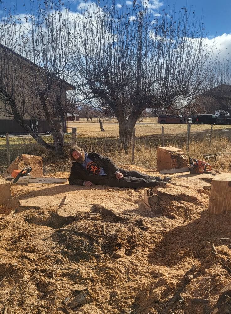 A man is laying on a tree stump with a chainsaw.