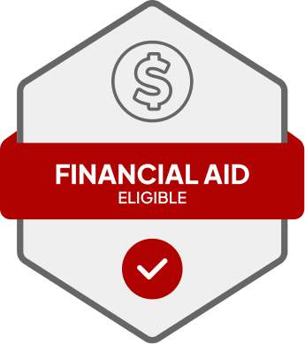 Badge: Financial Aid Eligible, blue banner, building icon, dollar sign.