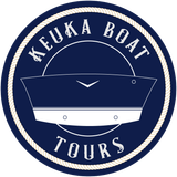a logo for keuka boat tours with a boat in the center
