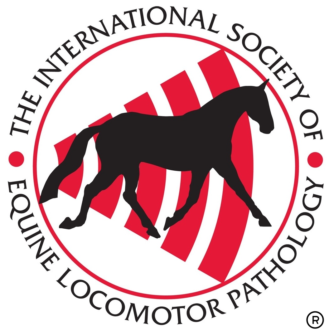 Logo of The International Society of Equine Locomotor Pathology: black horse silhouette inside a red circle with text.