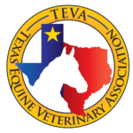 Logo for Texas Equine Veterinary Association: Texas outline with horse head, blue and red, gold border.
