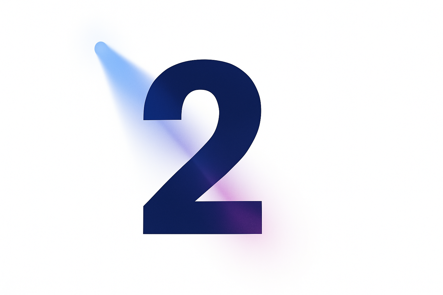 A dark blue number two on a white background, highlighted by a glowing blue light effect pointing toward the top left.