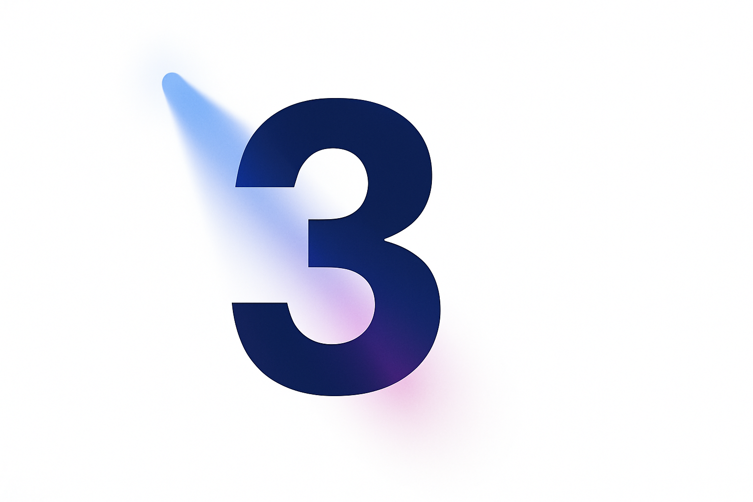 A dark blue, bold number 3 set against a white background, featuring a subtle light blue glow emanating from the top left.