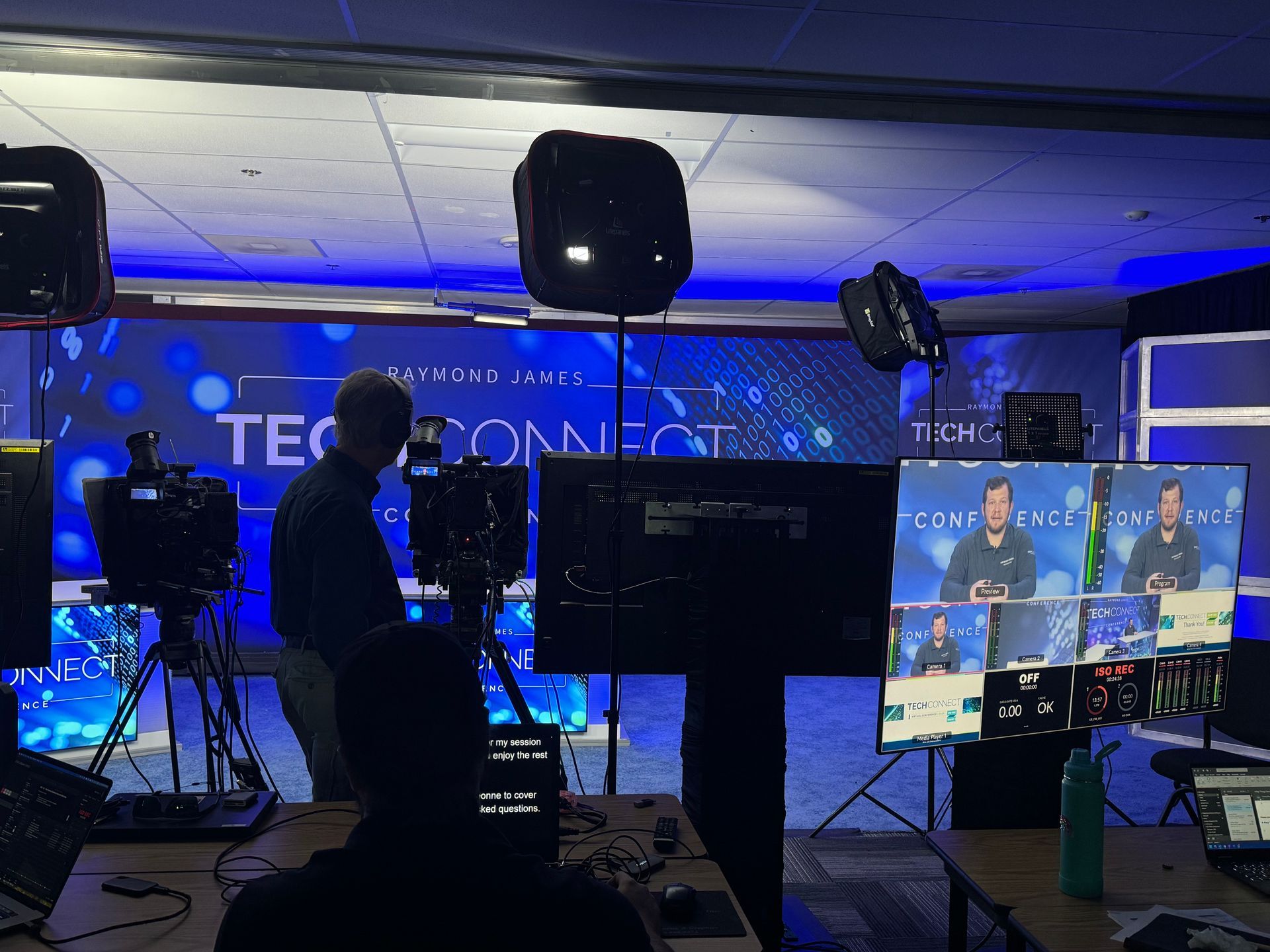 A professional video production setup for a TechConnect event, featuring cameras, lighting equipment, and monitors.