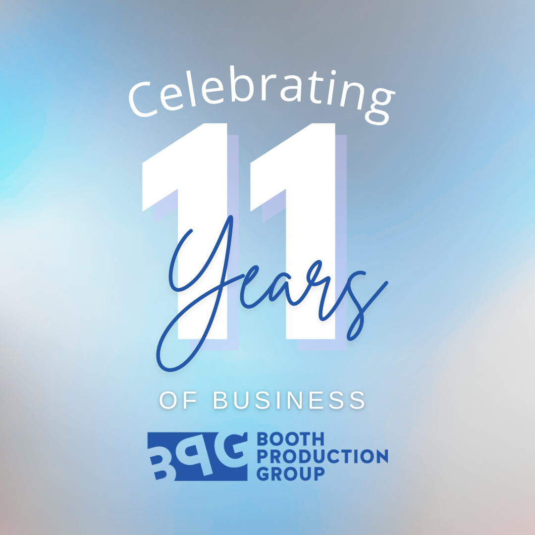 A celebratory graphic for Booth Production Group’s 11th anniversary featuring the number