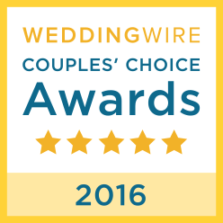 WeddingWire Couples' Choice Awards badge, 2016, with five gold stars on a white and gold background