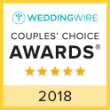WeddingWire Couples’ Choice Awards badge with five gold stars and “2018” on a yellow background